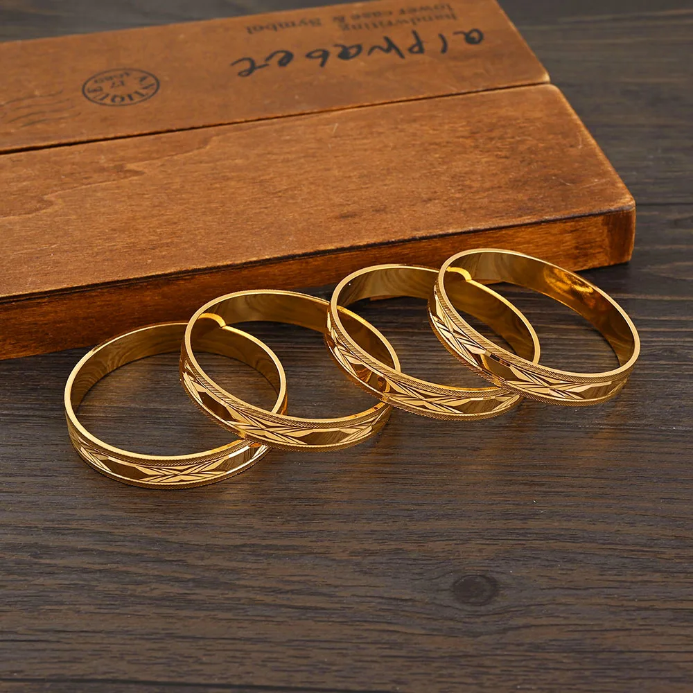 4Pcs 18k 8mm Width 45MM 65MM Dubai Baby Cute Bangles For Girl Jewelry Gold Color Bangles Girls Birthday Jewelry Gifts 4