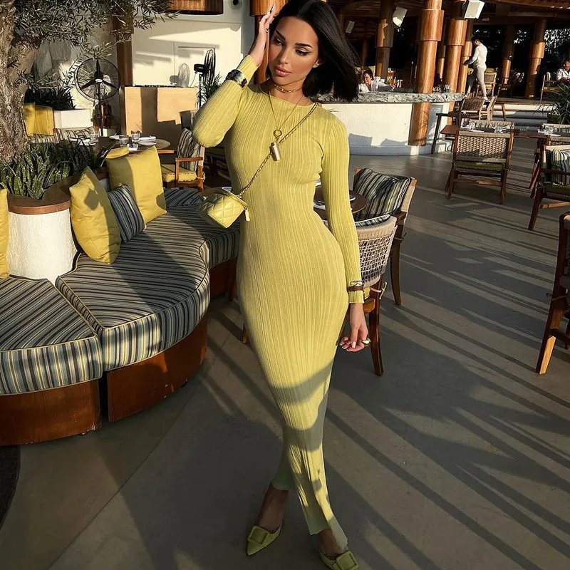 Fashion Autumn Slim Maxi Dress For Women High Waist Patchwork Ribbed Elegant Party Dress Ladies Solid Long Dress Clothes