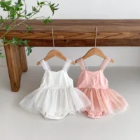 Newborn Jumpsuit Baby Girls Romper White Pink Elegant Gauze Polka Dot Singlet Princess Dress 0-2yrs 2