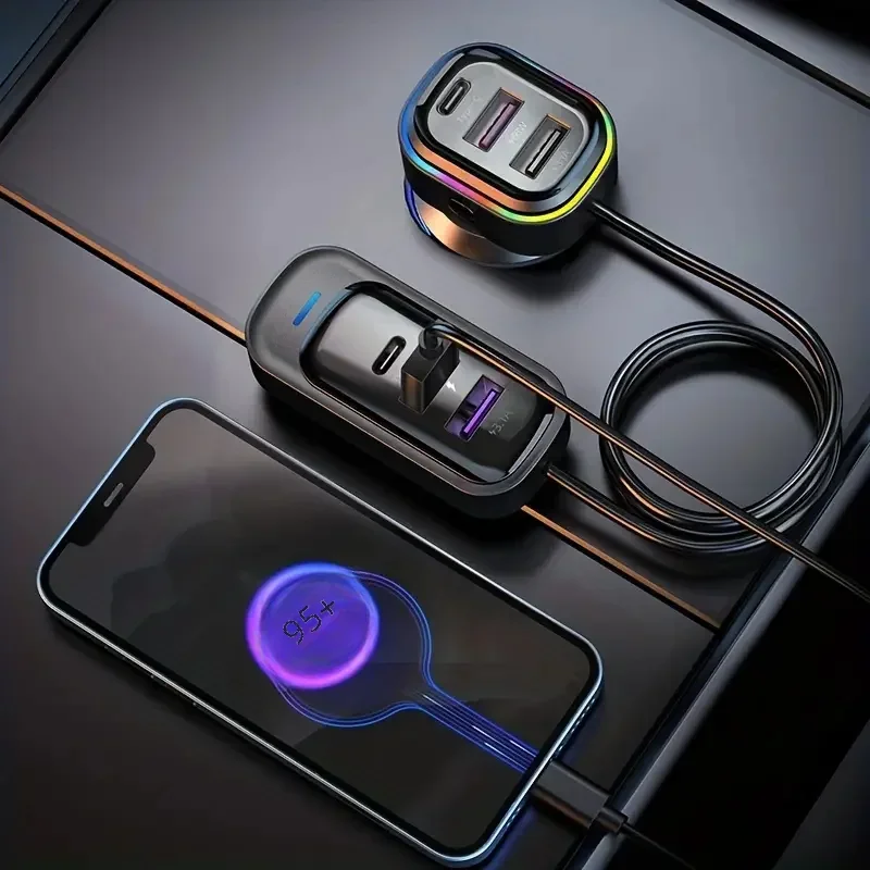 81W 고속 차량용 충전기 6포트 확장 동시 전면 및 후면 충전 유형-C 2-USB 1.5m 연장 케이블 미끄럼 방지 클램프