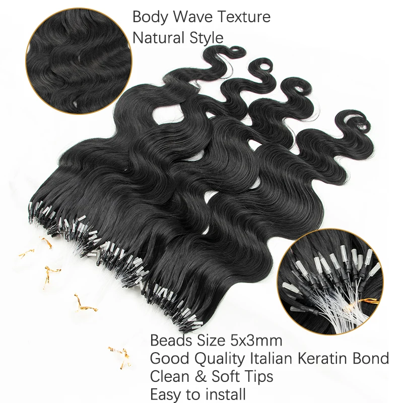 MRS HAIR Body Wave Micro Loop Human Hair Extensions Remy Microring Hair Extensions With Soft Beads #1B 12-26 inch 50strands/Pack
