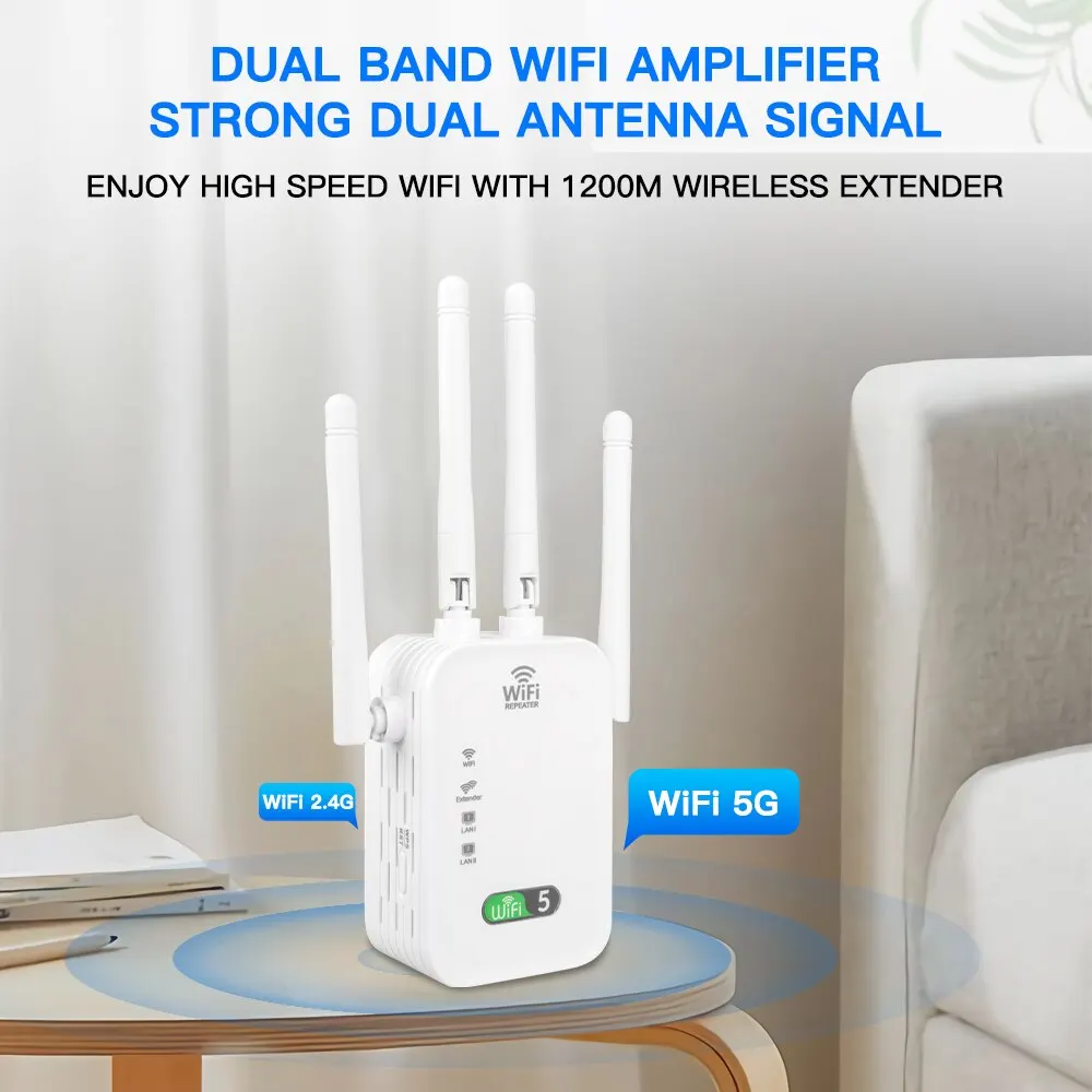 1200Mbps Dual Band WiFi Repeater Wireless Signal Extender 2.4G 5GHz Wi-Fi Amplifier Router Long Range Signal Booster for Home