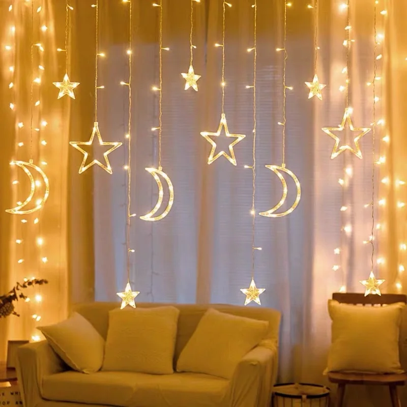 

Moon Star LED Lights String Christmas New Year Hanging Curtain Lamp Eid Mubarak Party Decoration for Home Bedroom Ramadan Kareem