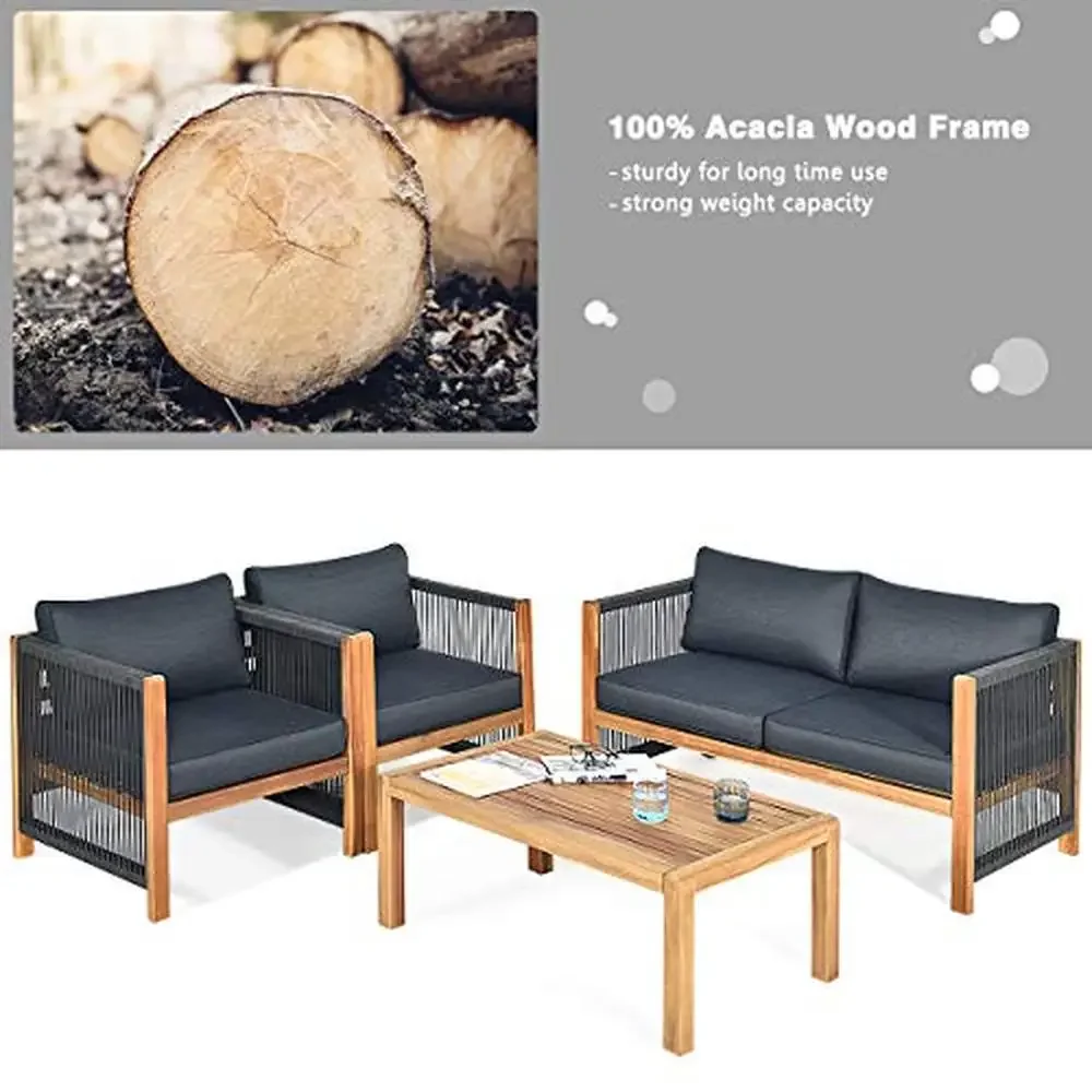 Outdoor Acacia Wood Furniture Set Loveseat Sofa 2 Single Chairs Coffee Table 4 Piece Conversation Set Grey with Cushions 6