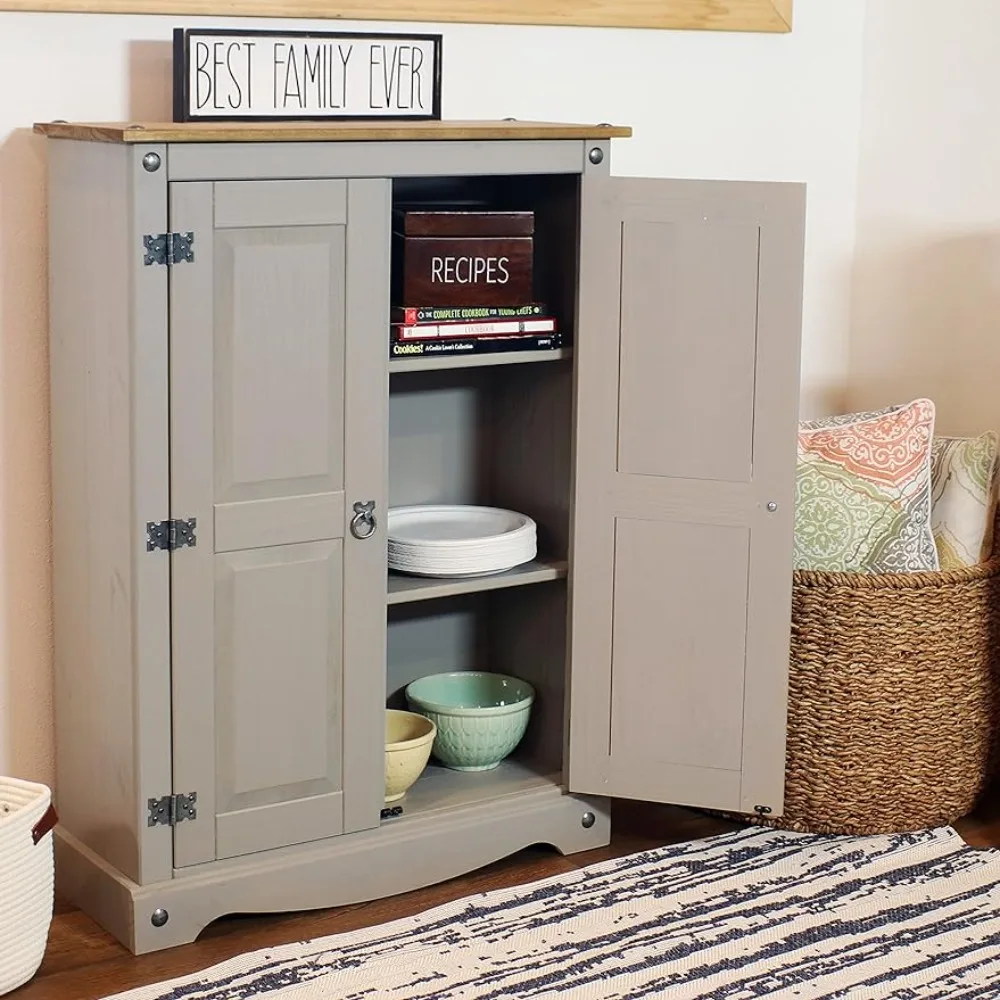 

Sunnydaze 43-Inch H 2-Door, 2-Shelf Solid Pine Kitchen Pantry Cabinet - Zinc Alloy Hinges and Door Pulls - Gray