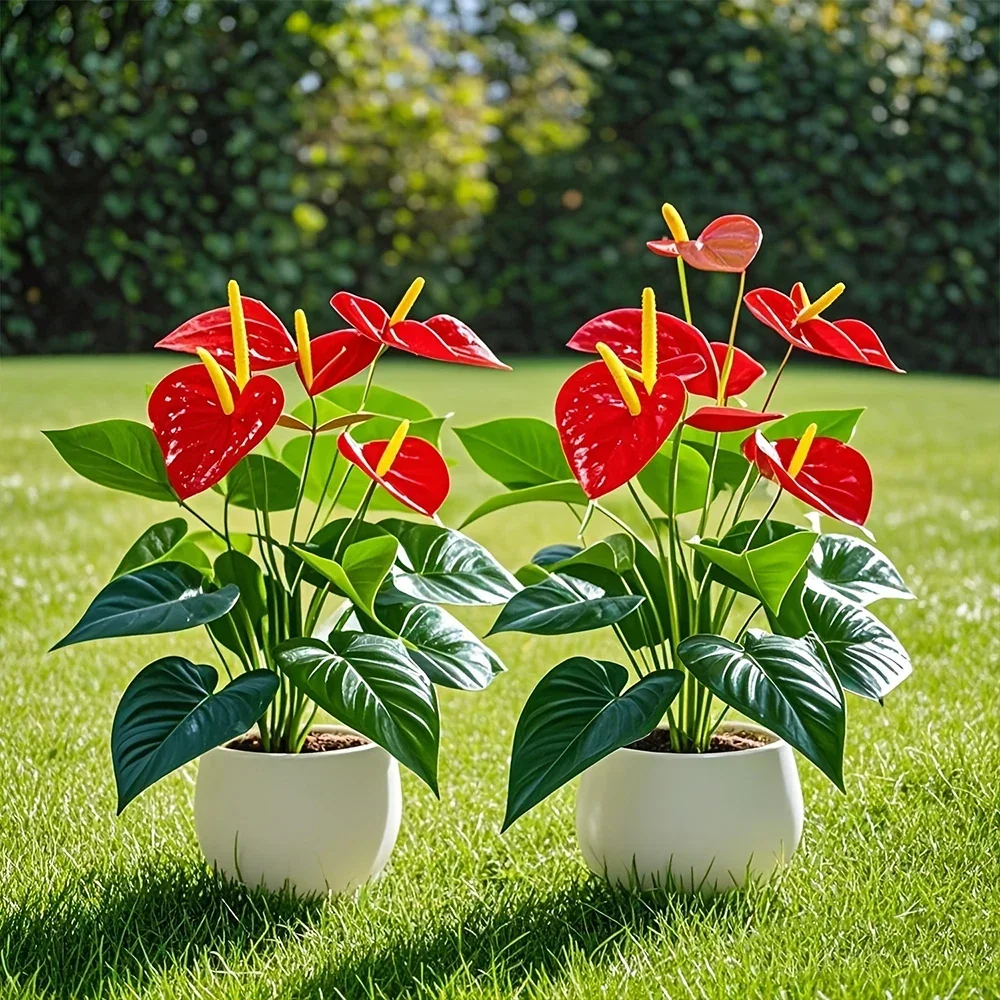 18 Köpfe künstliche rote Palmen, Flamingo-Blume mit üppigen grünen Blättern, künstliche Pflanze für Hausgarten, Innen- und Außendekoration