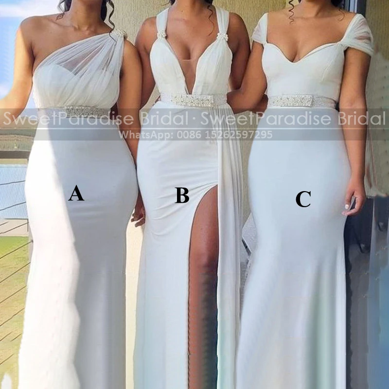 

White Mermaid Bridesmaid Dresses With Beads Side Split Square Neck Sheath Long Bridal Party Dress