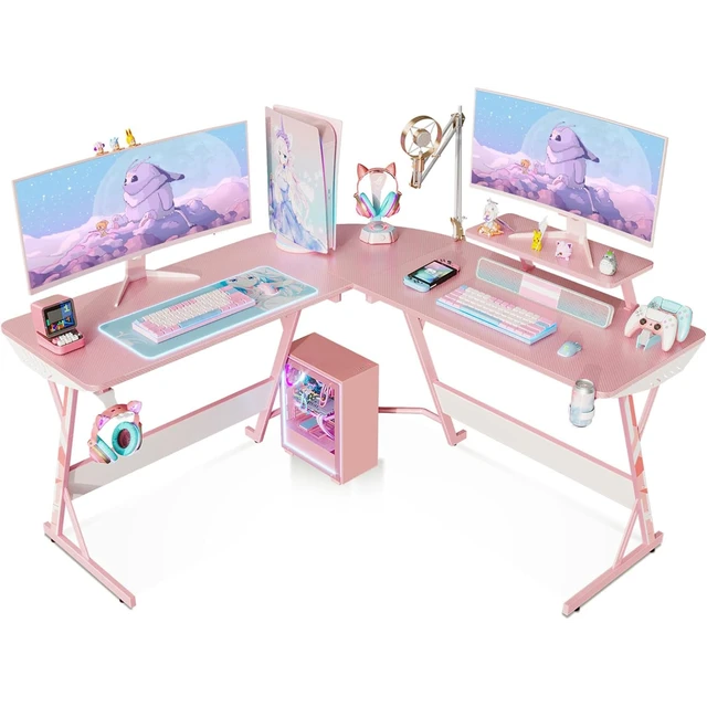 MOTPK Escritorio rosa para juegos en forma de L, mesa de juegos de 51  pulgadas con textura de fibra de carbono, escritorio de esquina para  computadora