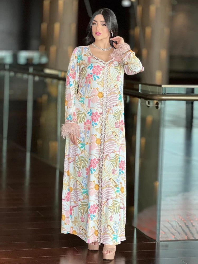 

Autumn Muslim Abaya Maxi Dress Women Ethnic Feather Kimono Abayas Elbise Floral Long Dress Dresses Ramadan Middle East Arabic