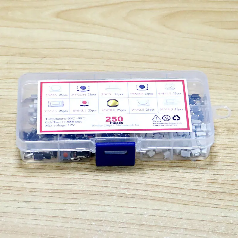 250Pcs 10Value Car Remote Control Keys Button Touch Microswitch Micro Switch Push Button Tact Reset Switches Assorted Mixed kit tactile push button switch