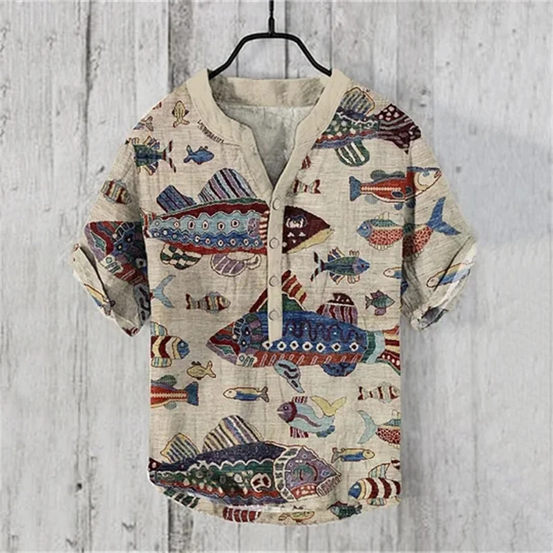 Brave men's casual shirt loose linen blend short sleeved V-neck top summer handsome shirt