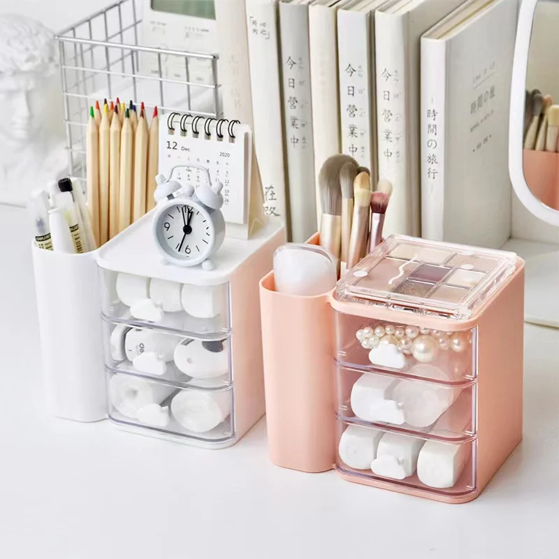 

Large Capacity Desktop Pen Holder Kawaii 3 Grid with drawers Makeup Pens Storage Organizer Office School Stationery