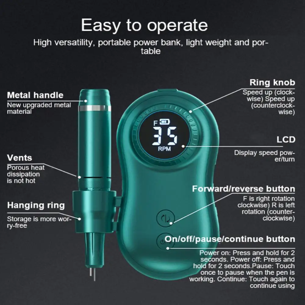 전문 네일 드릴 머신, 35000RPM 속도, 충전식 매니큐어 페디큐어 도구, LCD 디스플레이 네일 파일, 광택제 손톱용