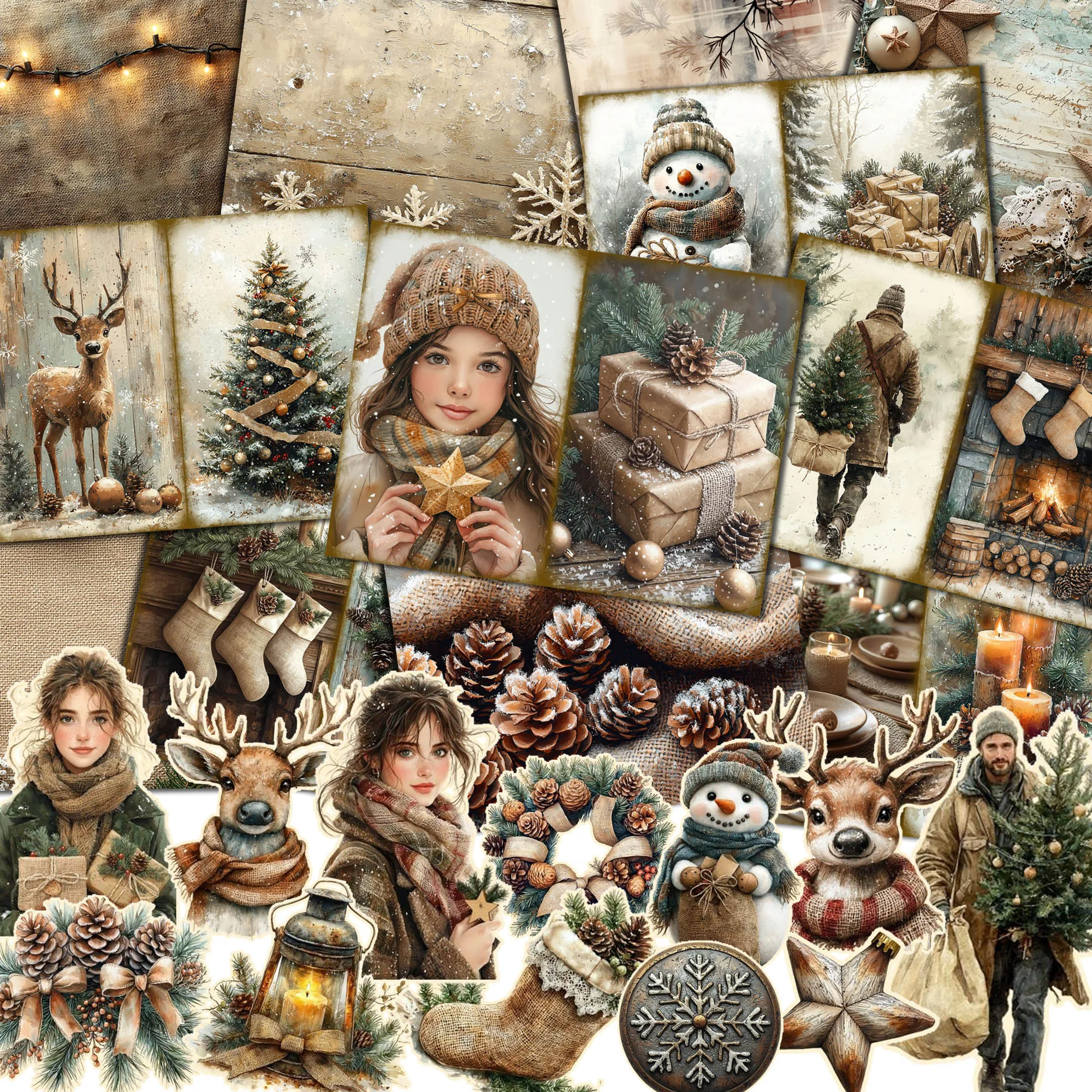 64pieces Winter Christmas Junk Journal Kit 50 Self-adhesive Sticker For Arts Crafts Scrapbooking