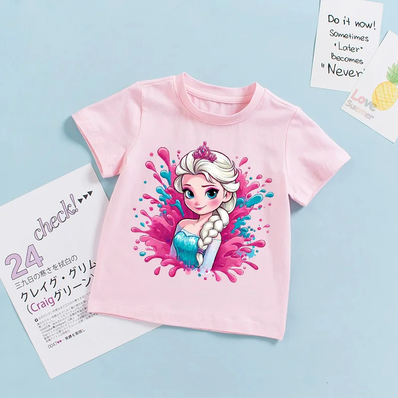 تي شيرت فروزن إلسا مطبوع عليه شخصيات الرسوم المتحركة للفتيات الصغيرات من سن 3 إلى 8 سنوات، ملابس صيفية عصرية، هدية للأطفال