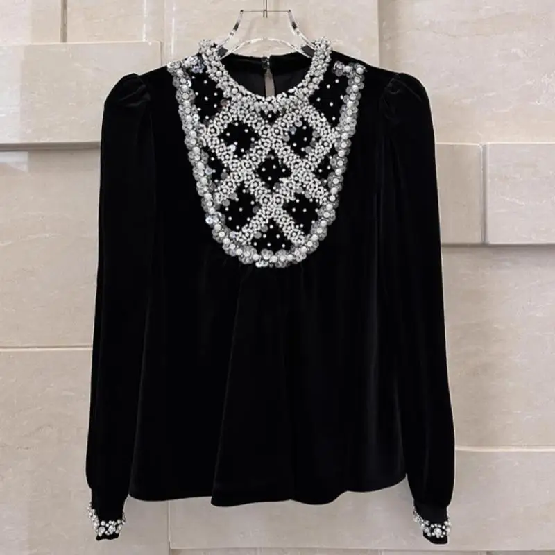 

Autumn Luxury Luxury Velvet Vintage Shirt Heavy Handmade Beaded Half High Neck Elegant and Unique Long Sleeve Top 2024 New