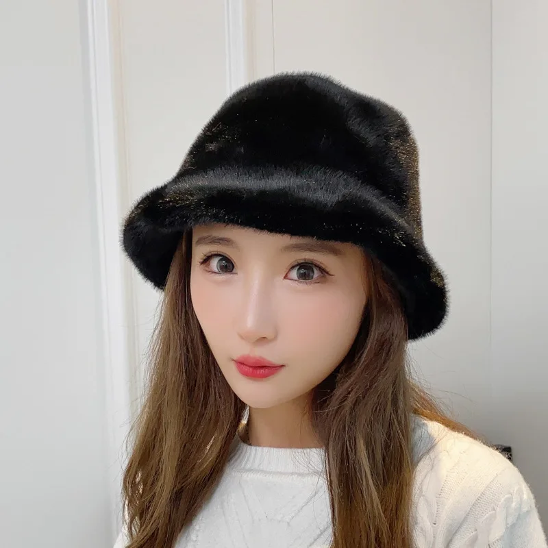 Fashion Women Fluffy Fur Bucket Hat Winter Warm Soft Plush Fisherman Panama Cap Femme Vintage Leopard Bob Sunbonnet Visors Gorro