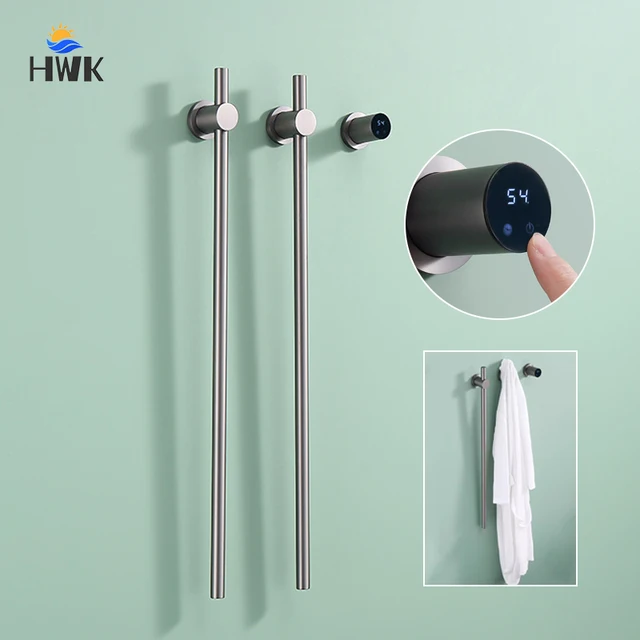 การติดตั้งที่ซ่อนห้องน้ําราวแขวนผ้าเช็ดตัวไฟฟ้า Wifi Touch Control ชั้นวางผ้าขนหนูอุ่นสแตนเลสผ้าเช็ดตัวเครื่องอบผ้า 1