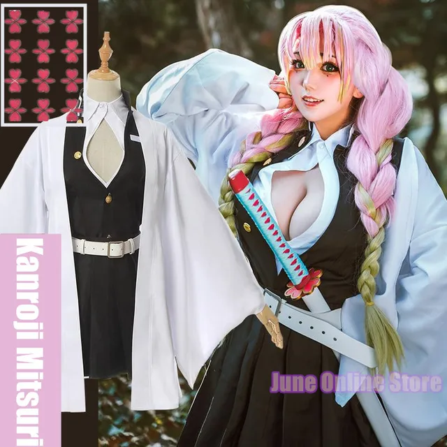 Anime Demon Slayer Kimetsu No Yaiba Kimono Kanroji Mitsuri Cosplay Costume Kisatsutai Sexy Clothes Women Halloween Costume wig 1