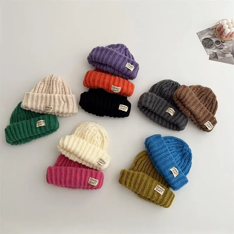 

Вязаная шапка для мальчиков и девочек на осень и зиму, модная детская однотонная Теплая Шапка-бини, Мягкая Повседневная шапка для младенцев, детский трикотажный костюм