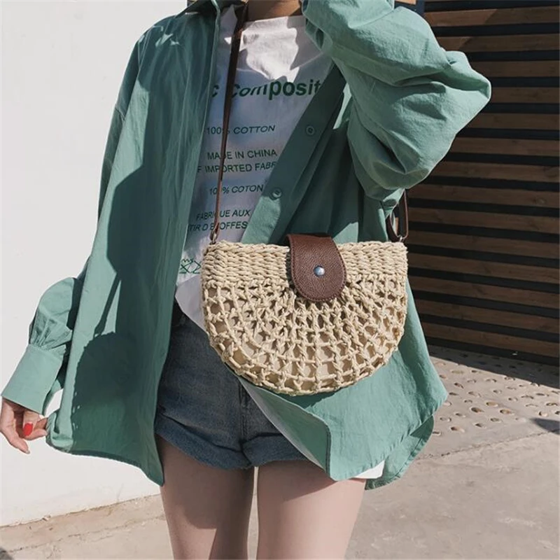 Summer Rattan Bags Women Saddle Straw Shoulder Bag Handmade Woven Crossbody Bag Lady Handbags Bohemia Travel Clutch Beach Bag