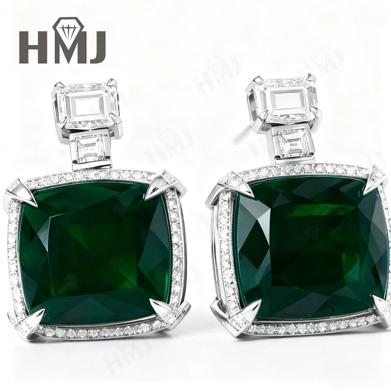 Elegante längliche Ohrringe im Kissenschliff mit Rubin-Saphir und im Labor gezüchteten Zambian-Smaragdtonen. Hochwertiger Schmuck, Geschenk für Frauen – Detail 10