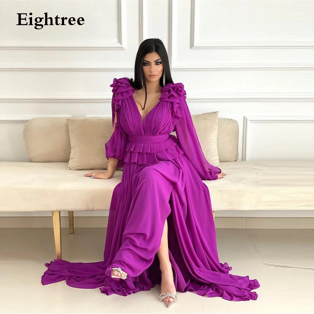 Purpla Long Trian V Neck Saudi Arabic Evening Dress Full Sleeves Side Slit Party Prom Gowns