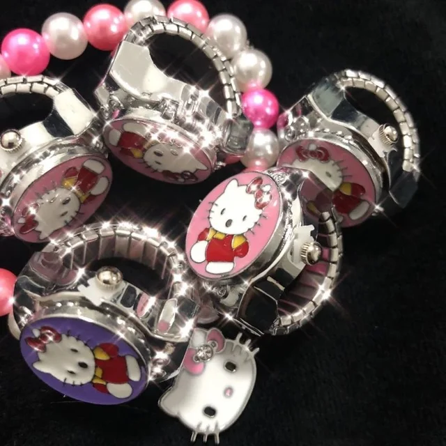 Hello Cica Ujj Watch Mini Rugalmas Szíj Aranyos Kagyló Kvarc Óra Ring Noma Lány Kawaii Ötvözet Hip -Hop Kiegészítők - Image 3