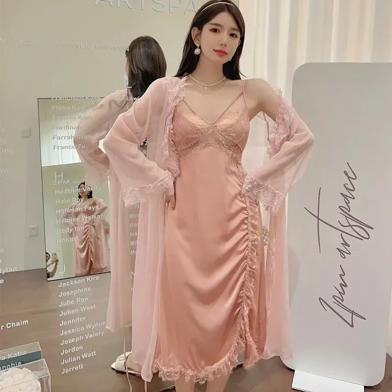 

Female Gown Suit Silky Sleepwear Bathrobe Set Home Nightdress Nighty&Robe Satin Autumn Loungewear Wear Women Summer