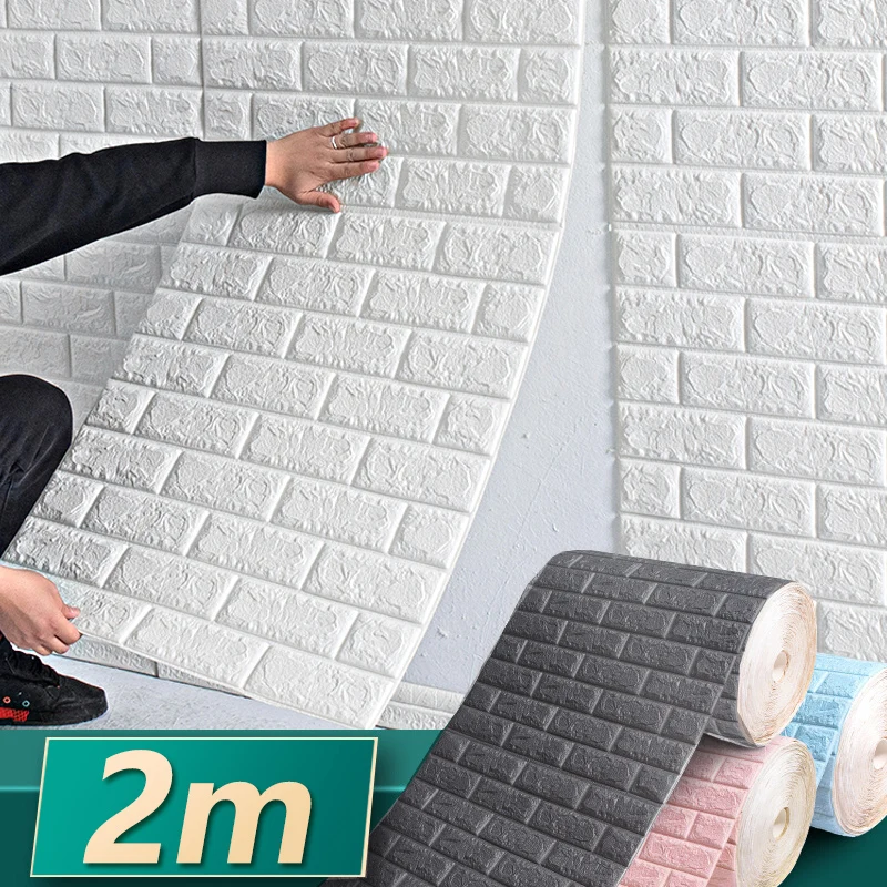 

2m Long 3D DIY Brick Wall Stickers Decor Self-Adhesive Waterproof Wallpaper for Kids Room Bedroom Kitchen Home Wall Decor