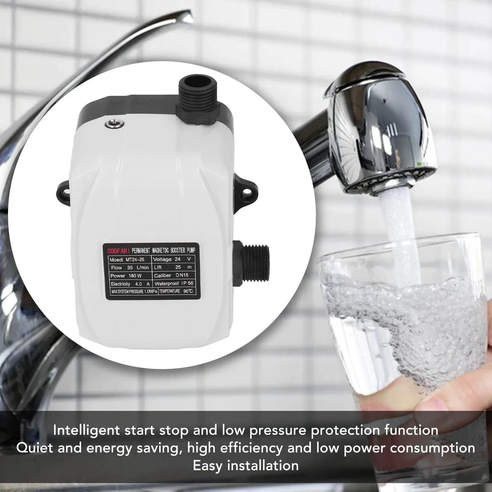 Booster Pump Water Pressure 180W Automatic Water Booster Pump Kitchen Sink Shower DC24V AC100-240V