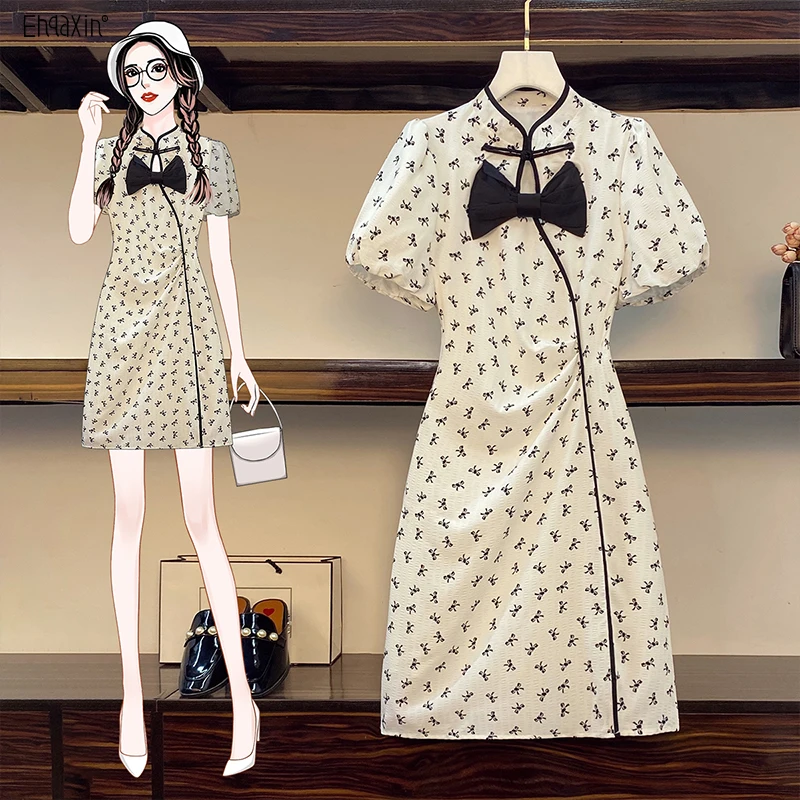 

EHQAXIN EHQAXIN 2022 Summer New Ladies Cheongsam Dress Fashion Sweet Bow Puff Sleeve Gentle Dresses Female Ethnic Style XL-5XL