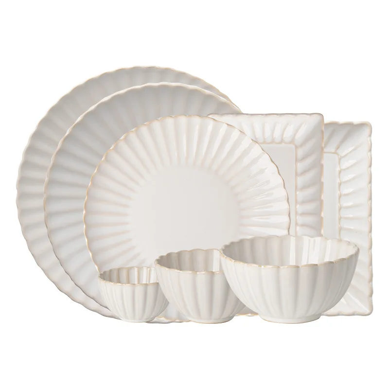 Nordic Matte Glazed Ceramic Dishes Serving Plate Salad Soup Bowl Flat Plate Chrysanthemum Shaped Kitchen Dinner Set
