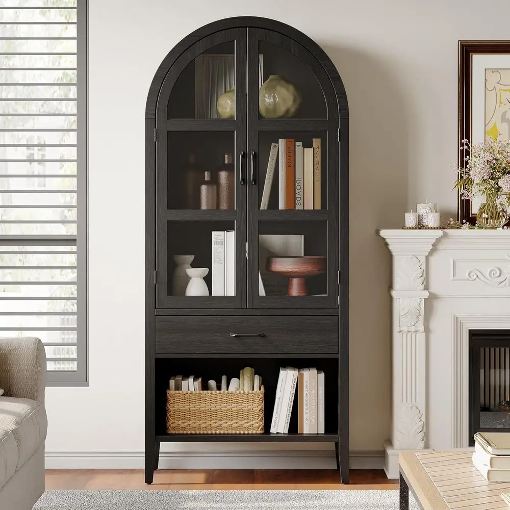 Tall Arched Wine Bar Cabinet with Storage, Bar Cabinet with Doors and Shelves, Liquor or Home, Kitchen Pantry or Dining