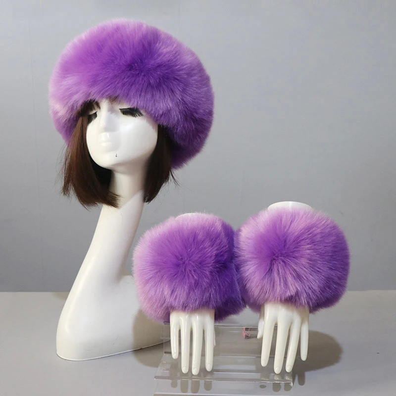 Winter Faux Fur Headband And Cuffs Set For Women Furry Warm Wrist Sleeve Gloves And Empty Top Cap Female Russian Style Decor