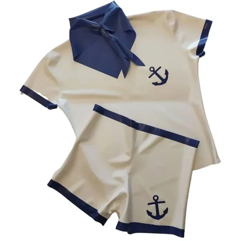 Cosplay Sexy Latex Unifrom Boxer Shorts Sailor Collar Outfits Rubber Trims Bottoms Tops
