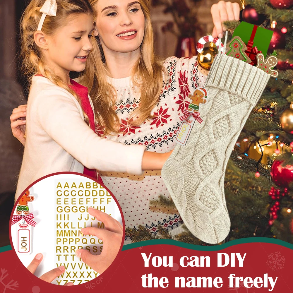 Personalized Christmas Stocking with Leather Patches Large Size Cable Knitted Socks Large Capacity for Home Xmas Tree Ornament