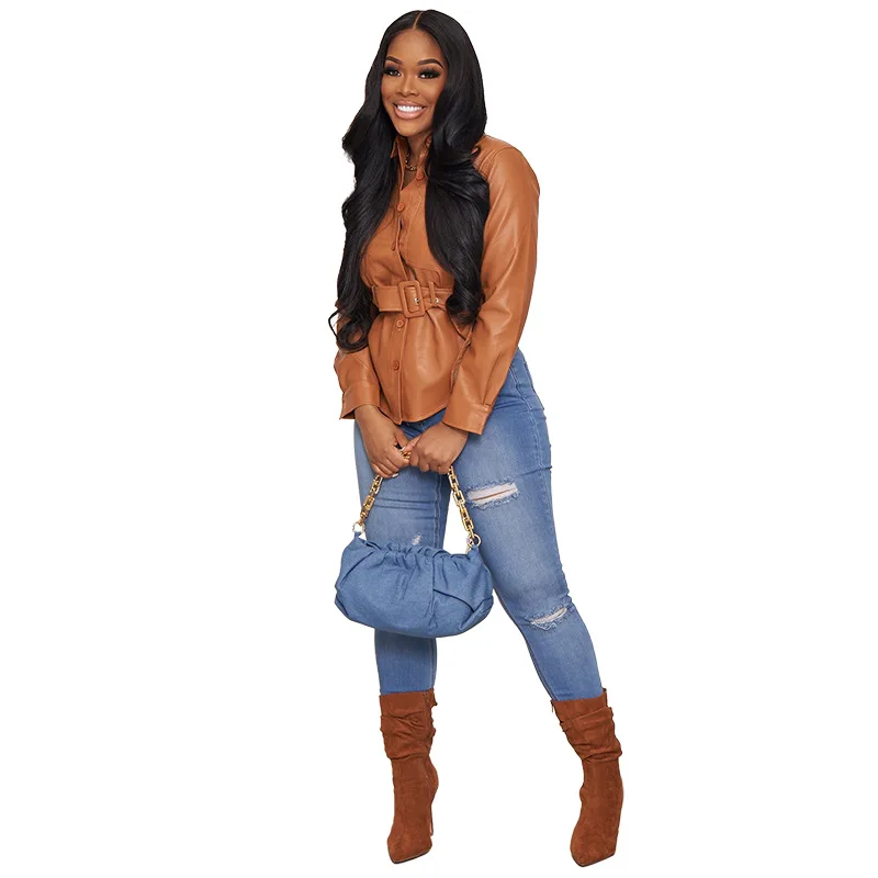 2022 Faux Soft Leather Jackets Coats Lady Khaki Single Breasted Pu Shirt New Spring Winter Casual Long Sleeve Sashes Tops Blouse