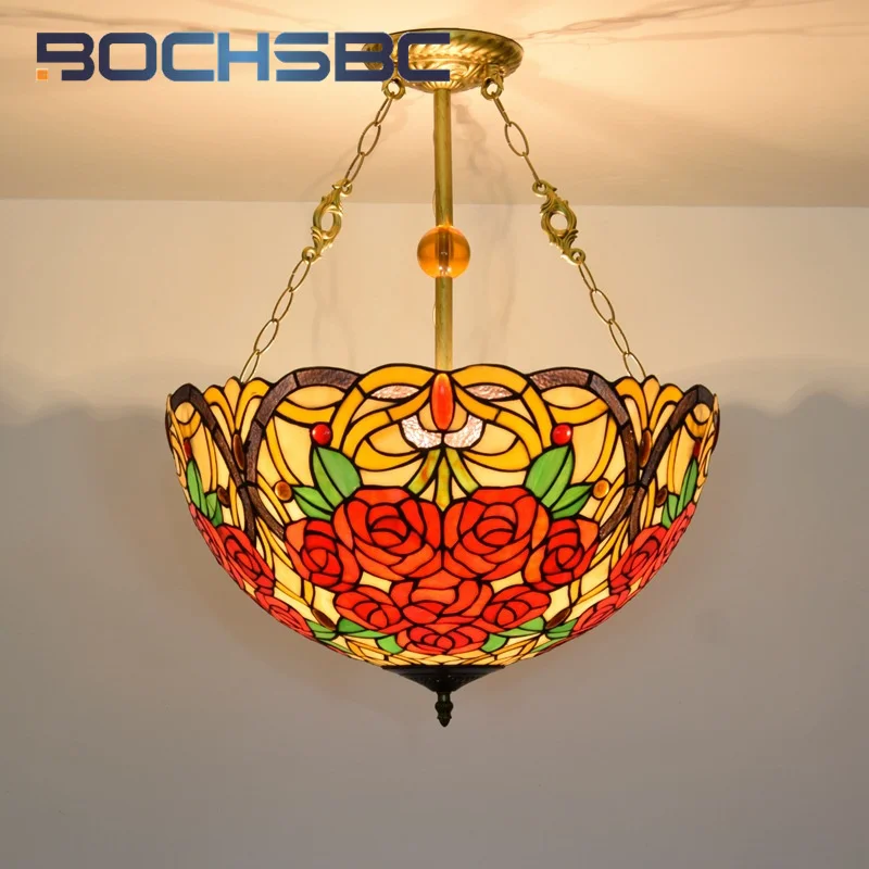 

BOCHSBC Tiffany American Garden style rose hanging light Art Deco Living Room Dining Room Bedroom glass inverted pendant light