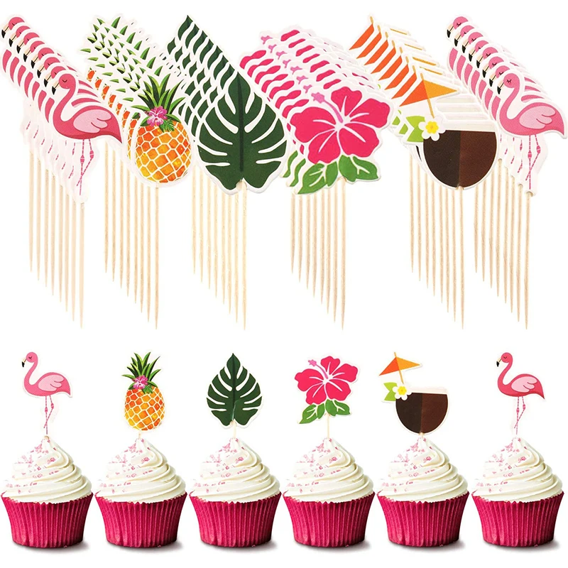 

24Pcs Hawaiian Cupcake Toppers Flamingo Pineapple Palm Leaves Toothpicks Tropical Summer Beach Birthday Party Cake Decoration