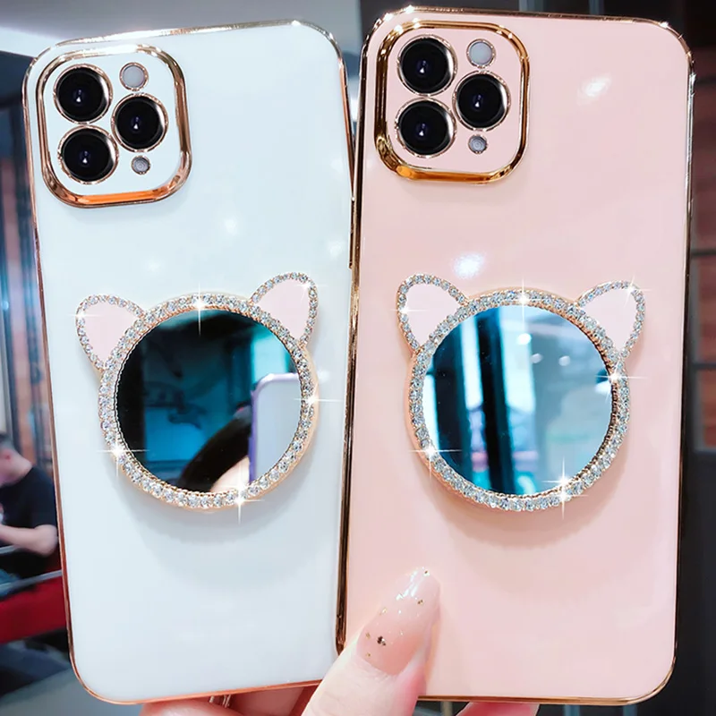 Mode Diamant Katze Ohren Make-up Spiegel Fall für iPhone 15 Pro Max 14Plus 12Pro 13Mini 11 7 8Plus 6S X XR XSMax Bling_voghion.com