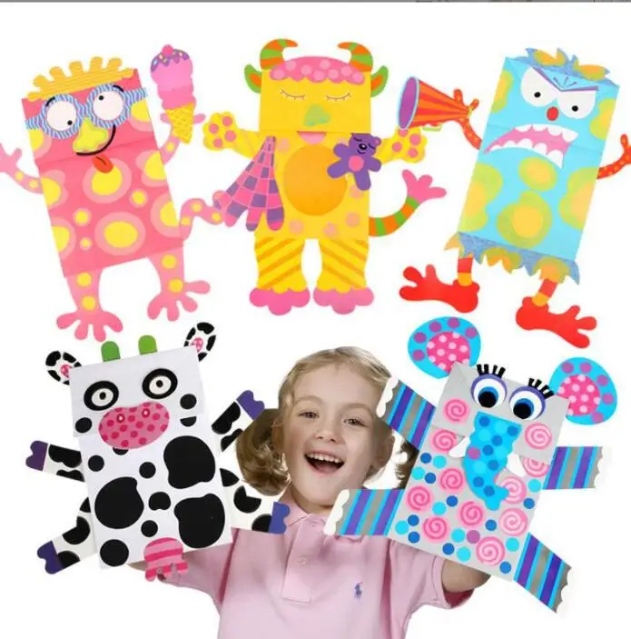 

Бумажный пакет, куклы для детей, художественное ремесло, разноцветные Мультяшные животные, Ручные куклы, Наборы для творчества, Игрушки для раннего обучения, подарок