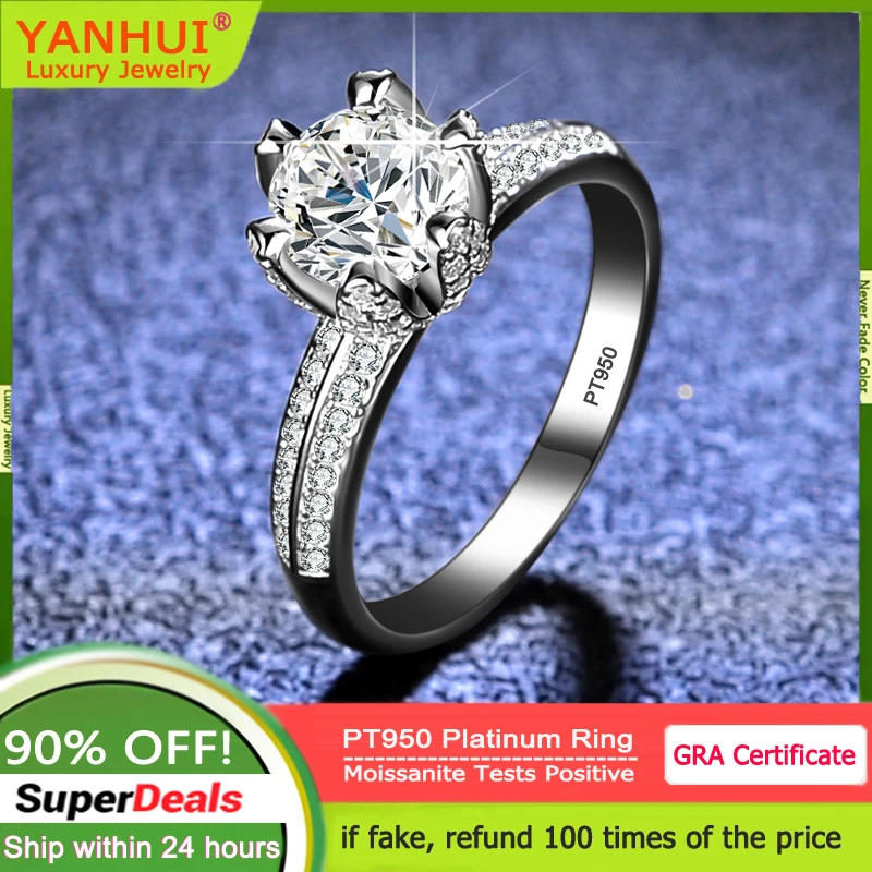 

YANHUI 100% PT950 Platinum Rings Round Sparkling Diamonds 1 Carat VVS1 D Color Moissanite Rings Wedding Band Jewelry for Women