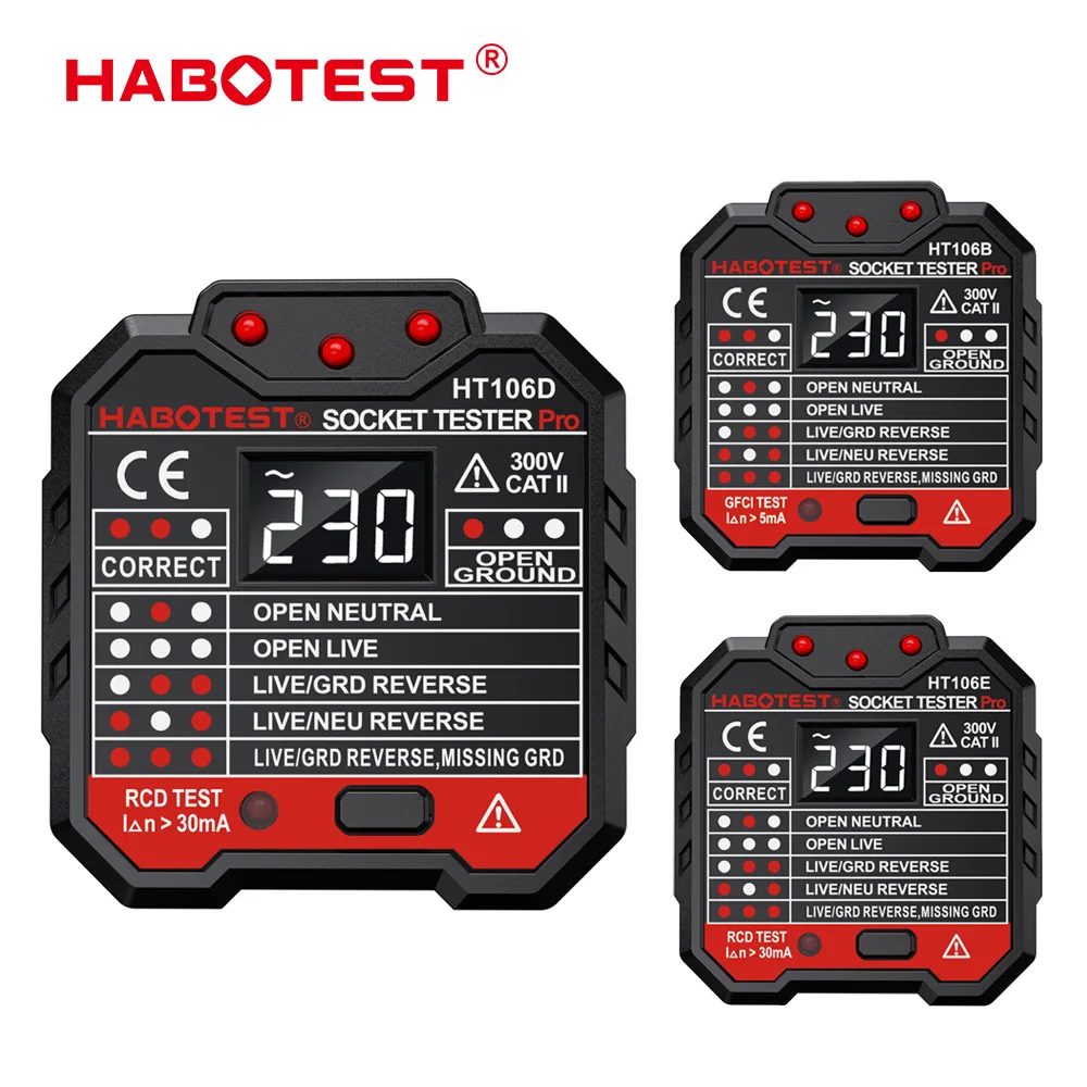 HABOTEST HT106 디지털 소켓 테스터 프로 전압 30mA RCD 테스트 스마트 감지기 EU US UK 플러그 접지 제로 라인 극성 위상