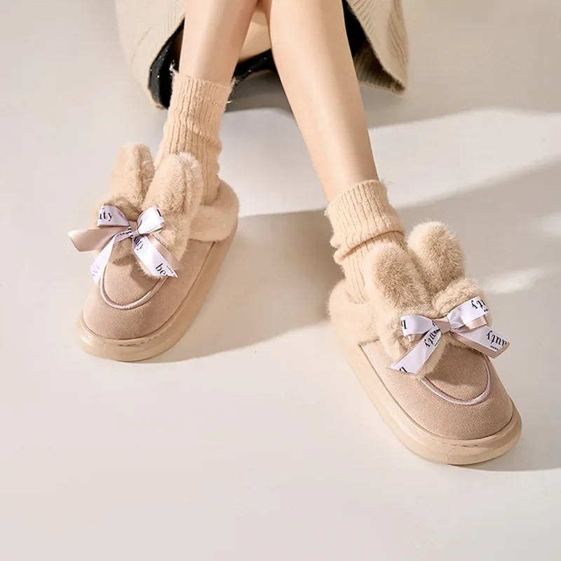 Winter Indoor Women Slippers Warm Faux Fur Girl Home Cotton Shoes Cute Bow Knot Rabbit Plush Bedroom Thick Heels Ladies Slides