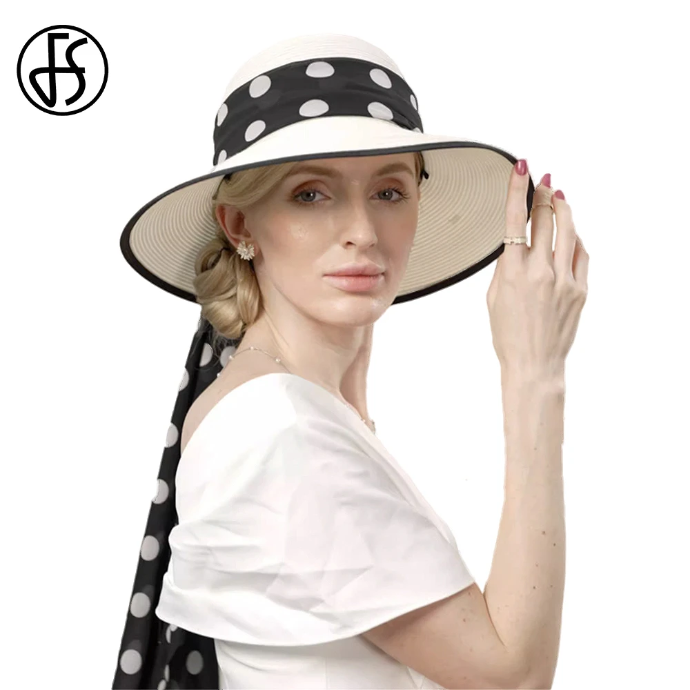 FS 2023 White Straw Hats For Women Romantic Simple Polka Dots Sun Visor