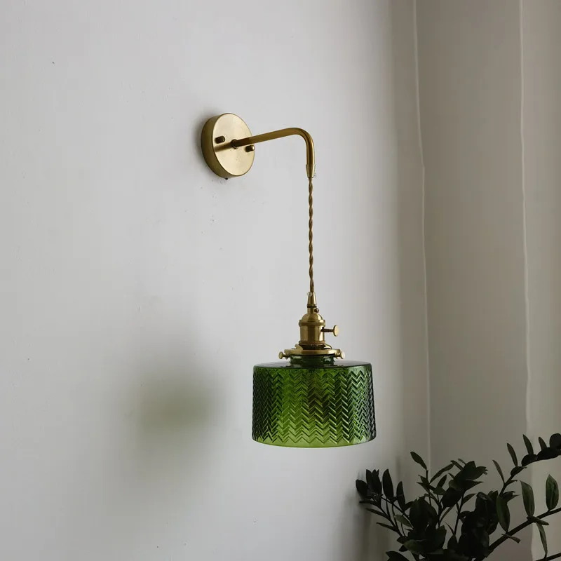 IWHD Green Glass Copper LED Wall Lights For Bedroom Hallway Balcony Vintage Wall Lamp Pull Chain Switch Lampara Mesita Noche Led Wall Lamp Wall Sconces Light Wall Lamp