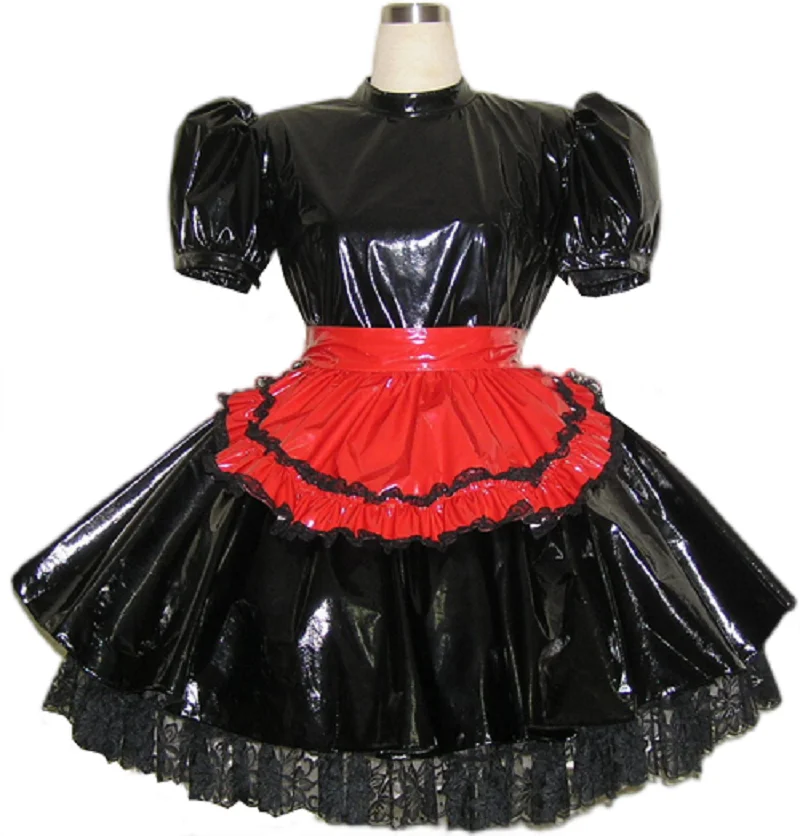 Sissy Girl Maid Lockable Black PVC fluffy Dress Cosplay costume Tailored