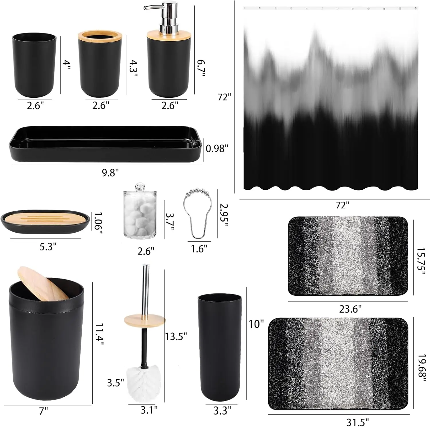 Black Bathroom Set. Shower Curtain & Rug. Ombre Waterproof Curtain. Ultra Absorbent Rug. Stylish Home Decor.