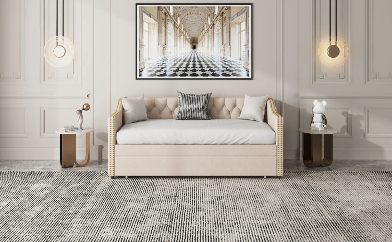 Comanlai Ausziehbares Schlafsofa 90/180 x 200 cm, gepolstertes Bett mit Lattenrost, platzsparendes ausziehbares Bett, Leinenstoff, Beige – Detail 4